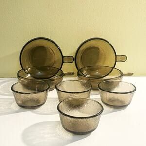 Vintage Textured Amber Brown Glass 4 Ramekins & 4 Glasbake Soup Bowls Lug Handle